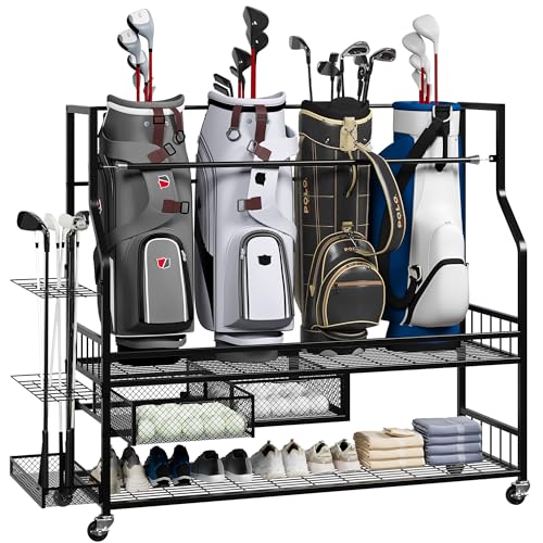 Golf Bag Storage Garage Organizer, Golf Bag Stand Fit for 4 Golf Bags, Golf Clubs, Golf Balls, Golf Equipment Accessories, Golf Bag Storage Rack with Wheels for Garage, Club, Shed, Basement - size: 45.7" L x 42.2 " W x 15.7“ H
