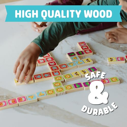 Chuckle & Roar Wooden Double-Sided Domino Set - 28 Piece, Metal Storage Tin, Ages 4 & Up - Animal Matching Board Games for Family Play - Classic Games - Dominoes for Kids & Adults