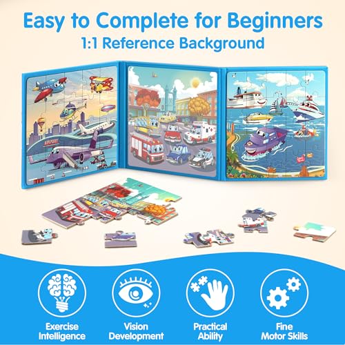 SYNARRY Air Land Water Transport Magnetic Puzzles for Toddlers 3-5, 20 Pieces Travel Puzzles for Kids Ages 4-6, Car Airplane Road Trip Activities Toys for 3 4 5 6 Year Old Boys Girls Birthday Gifts - style: Transport