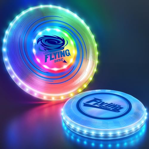 Wee Wonders 2 Pack Light Up Flying Discs for Kids Adults, 10" Rechargeable Disc with 45 LEDs, 14 Lighting Modes & 7.8" Built-in Battery Disc, Glow in The Dark Flying Ring for Beach Camping Sport Game - size: 2PCS: 10in + 7.8"