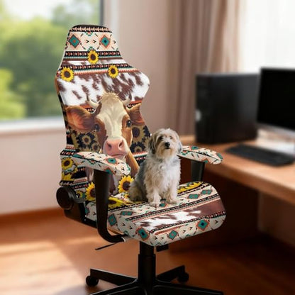 Suobstales Cow Sunflower Aztec American Tribal Pattern Gaming Chair Covers with Armrest Covers, Elastic Computer Chair Slipcovers Stretchable Washable Gaming Chair Seat Cover - color: Cow Sunflower Aztec American Tribal