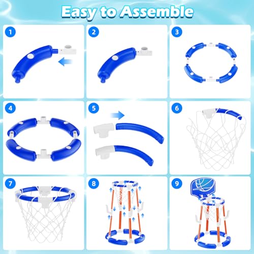 Pool Basketball Hoop with Backboard, Floating Pool Toys for 3-12 Years Old Kids Ring Game with 4 Balls 8 Rings & Pump Outdoor Swimming Pool Basketball Games Water Play Toy Family Party for Kids Adults - style: Blue with Backboard