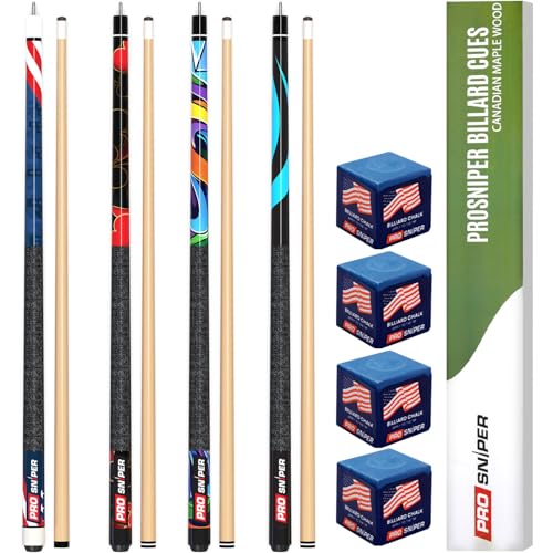 Prosniper Premium Pool Sticks Set of 4 | 58-Inch, 19-Oz Canadian Maple Pool Cue with Low-Deflection Shaft & 4 Extra Chalks | Pro-Grade Billiard Cue for Home & Bar Play - color: Multicolor