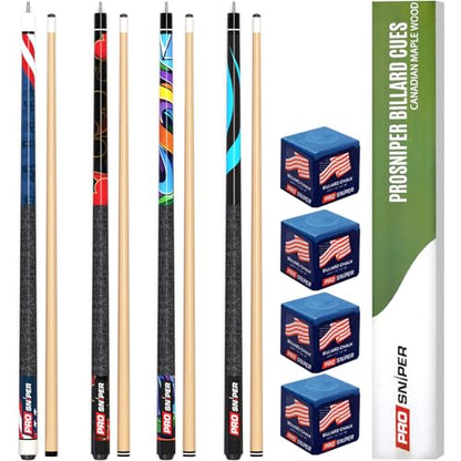 Prosniper Premium Pool Sticks Set of 4 | 58-Inch, 19-Oz Canadian Maple Pool Cue with Low-Deflection Shaft & 4 Extra Chalks | Pro-Grade Billiard Cue for Home & Bar Play - color: Multicolor