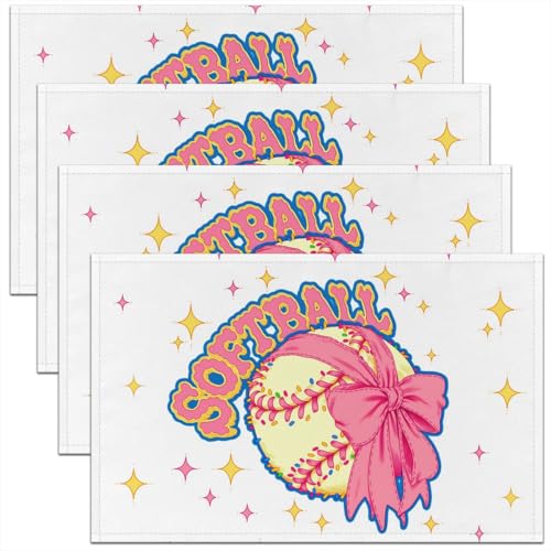 Bowknot Softball Kids Placemats Set of 4,Star Coquette Bow Tie Princess Table Place Mats,Ball Sport Game Fan Kitchen Decor,Pink White Placemat Kitchen Table Decoration 12"x18" - color: Pink White