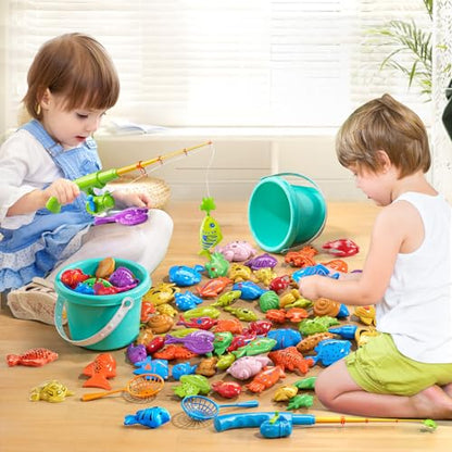 NIPLOOOW Magnetic Fishing Game Pool Toys for Kids 3-5, Water Table Bathtub Kiddie Party Toy with Pole Rod Net Plastic Floating Fish, Outdoor Toys for Kids Age 3 4 5 6 7 8 Year Old - style: 58PCS