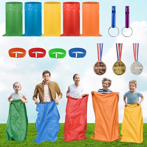 succulentlovers 14PCS Potato Sack Race Bags, Outdoor Games Sack Race Bags Kit Include Potato Sacks, 3-Legged Race Bands, Plastic Medals, Carnival Outdoor Lawn Party Field Day Games for Adults & Family