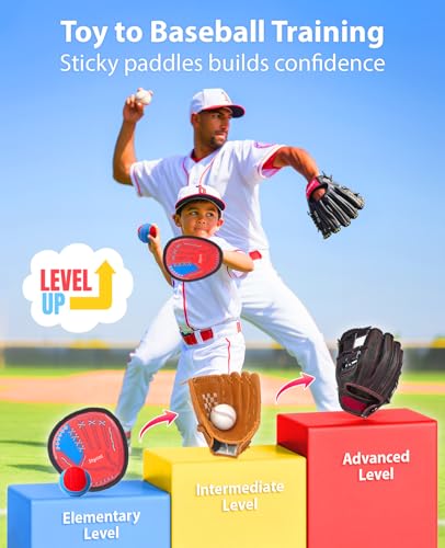 JoyCat Toss and Catch Ball Game for Kids, 4 Paddle Sticky Ball Set, Toddler Baseball Catch Toy, Outdoor Game for Beach, Yard&Camping, Family Sports Easter Basket Stuffer Gift for Boys Girls Ages 3-12 - style: 4 Paddles 4 Balls
