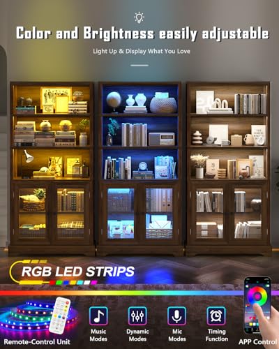 TVU 5-Tier Bookshelf, 65" Bookshelf with Multi-Color Ambient Lights (APP Remote Control), Tall Display Shelf with Cabinet Doors, Suitable for Living Room, Bedroom, Study, Office, Rustic Brown - color: Rustic Brown