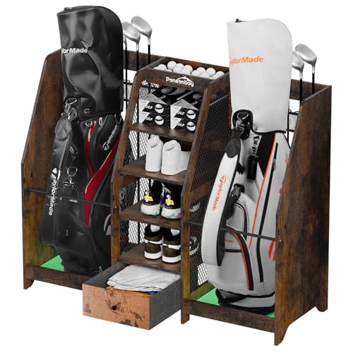 Golf Bag Storage Organizer for Garage, Premium Wooden 2 Golf Bags Rack with Drawer, Easy Assemble Golf Club Stand/Holder Suitable for Garage Home Simulator and Office - color: Retro