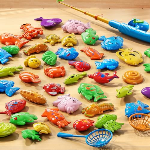 Magnetic Fishing Game Toys for Kids Toddlers 3-5 4-8, Water Table Bathtub Toys with Pole Rod Net & Fish, Water Bath Pool Outdoor Fishing Toys for Kids Toddlers Baby Boys Girls Age 3 4 5 6 7 8 Year Old - style: 2 rods 2 nets 35 fish