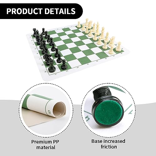 Portable Chess & Checkers Set, 42cm Tournament Chess Mat with Chesses & Storage Bag, PU Leather Tournament Roll Up Chessboard Travel Sets(Color:Green)
