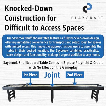 Playcraft Saybrook Shuffleboard Table with DIY Assembly - Fully Knock-Down Shuffle Board Game Table with Abacus, 8 Pucks & Premium Wax - Pro Style Climate Adjusters - Midnight Charcoal Gray - size: 12'