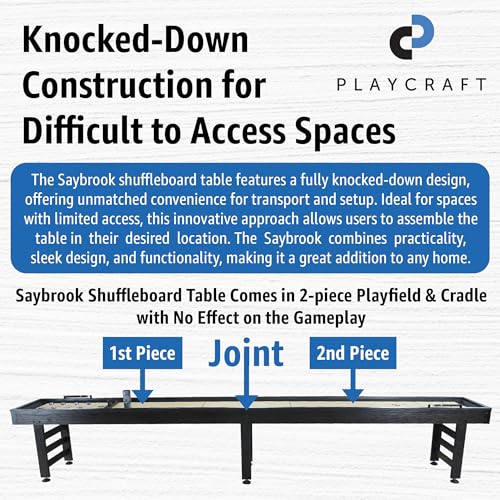 Playcraft Saybrook Shuffleboard Table with DIY Assembly - Fully Knock-Down Shuffle Board Game Table with Abacus, 8 Pucks & Premium Wax - Pro Style Climate Adjusters - Midnight Charcoal Gray - size: 14'