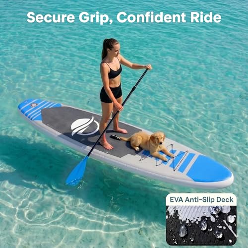 SereneLife 10’6" Inflatable Stand Up Paddle Board with Premium SUP Accessories - Wide Stable Design with Non-Slip EVA Deck Pad, for Youth and Adults, 350 lbs. Capacity - color: Blue