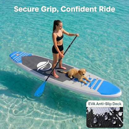 SereneLife 10’6" Inflatable Stand Up Paddle Board with Premium SUP Accessories - Wide Stable Design with Non-Slip EVA Deck Pad, for Youth and Adults, 350 lbs. Capacity - color: Blue
