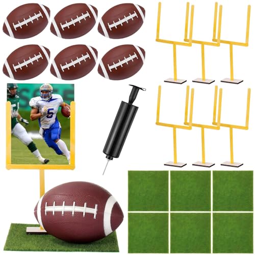 6 Set Football DIY Table Centerpiece Decor Set Includes Mini Footballs, Artificial Turf, Rugby Hoop Photo Goalposts, Football Tabletop Centerpiece Decoration for Game Birthday Party Favors