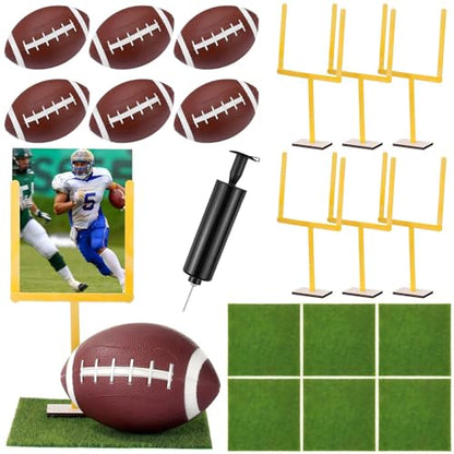 6 Set Football DIY Table Centerpiece Decor Set Includes Mini Footballs, Artificial Turf, Rugby Hoop Photo Goalposts, Football Tabletop Centerpiece Decoration for Game Birthday Party Favors