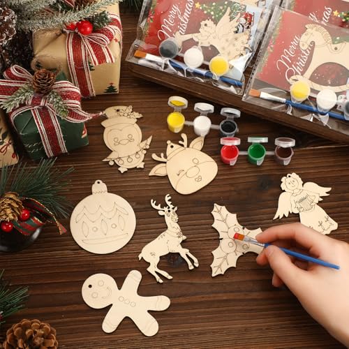Saypacck 24 Pcs Christmas Party Favors Wooden Painting Craft Kits Birthday Party Supplies with Organza Bag for Goodie Bags Fillers Adult Thank You Gifts - style: Christmas