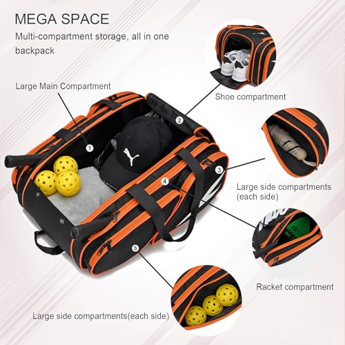 TILDOSAC Pickleball Bag - Large Paddle Bag for 4 Paddles & Accessories - Fence Hook, Extra Pockets, Shoe Compartment - color: Black