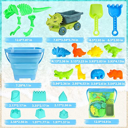 Beach Sand Toys, Sandbox Toys with Dinosaur Dump Truck, Collapsible Bucket, Creative Molds, Mesh Bag, Sand Castle Play Set for Kids Ages 3-12, Outdoor Summer Beach Essentials for Building & Playing