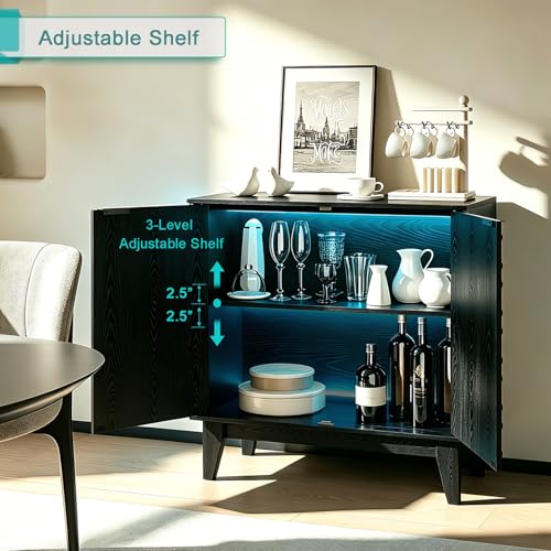 Black Sideboard Cabinet with LED Lights, 2-Door Accent Storage Cabinet with Hexagon Embossed Door, Freestanding Buffet Cabinet for Living Room, Kitchen, Entryway, 31.5" x 15.8" x 31.5"