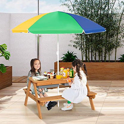 ARLIME Sand and Water Table - 3-in-1 Kids Picnic Table with Height Adjustable Umbrella, Removable Table Top & 2 Detachable Game Boxes, Water Play Table for Boys Girls, Outdoor Sensory Table (Colorful)