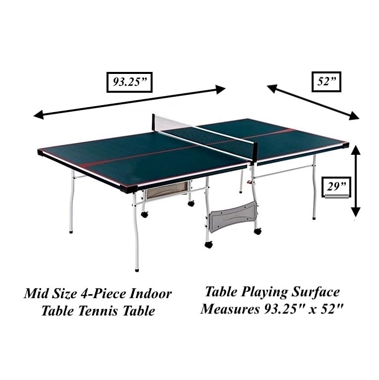Mid Size Folding Rolling Table Tennis Table Indoor Ping Pong Table 2 Paddle 2 Balls Net Post Set Four 2" Locking Caster Wheels for Easy Movement Space Saving Fold-Up Design for Single-Player Action
