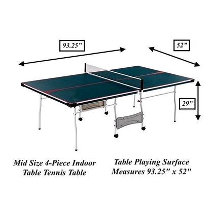 Mid Size Folding Rolling Table Tennis Table Indoor Ping Pong Table 2 Paddle 2 Balls Net Post Set Four 2" Locking Caster Wheels for Easy Movement Space Saving Fold-Up Design for Single-Player Action
