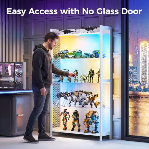 AODK Display Case with LED Lights, Display Cabinet with Glass Storage Shelves, 4-Tier Curio Cabinet for Collectibles with Open Shelf, White Book Shelf - color: White