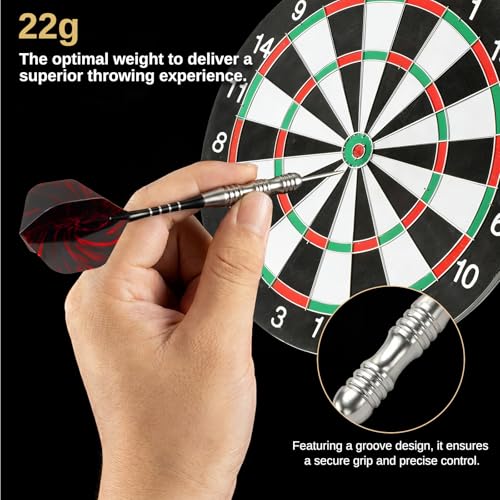 Steel Tip Darts Set, Darts Metal Tip, 22 Grams Professional Metal Darts with Hard Shell Carrying Case, Premium Aluminum Shafts, O-Rings, Dart Sharpener, Darts for Dart Board