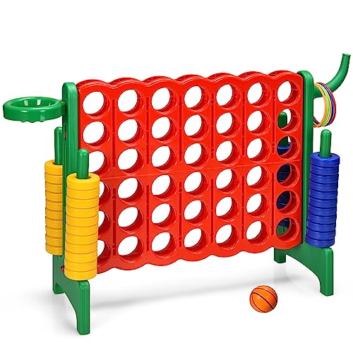 KOTEK Giant 4-in-a-Row Family Game w/Quick-Release Sliders, 42 Rings, Ring Toss & Basketball Hoop, Connect Yard Game for Kids & Adults (Without Carrying Bag, Green) - color: Green