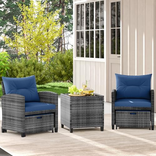 Tangkula 5 Pieces Patio Conversation Set, PE Wicker Rattan Outdoor Furniture Set with 2 Chairs, 2 Ottomans & Tempered Glass Coffee Table, Ideal for Poolside, Backyard, Lawn, Deck, Mix Grey & Navy - color: Mix Grey & Navy