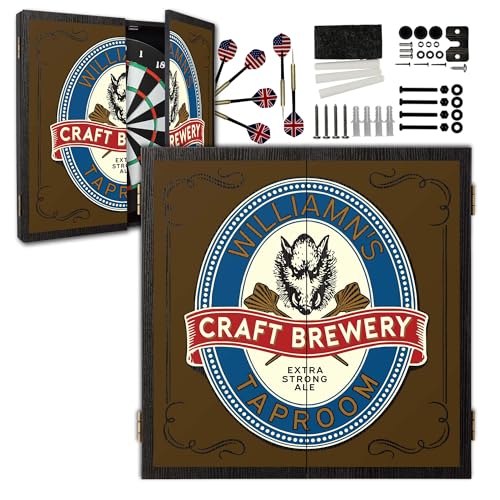 Personalized Dart Board Cabinet Set with 6 Steel Tip Darts, Paper Dartboard, Chalk & Eraser (21.5 x 21.5 x 2.75) - Man Cave Dart Boards for Adults - style: Craft Brewery Taproom