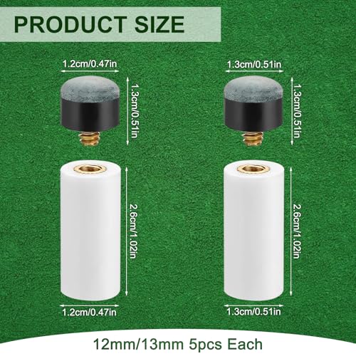 10p Screw-On Pool Cue Tips Replacement Kit, Leather Cue Tips with ABS Ferrules, 12mm & 13mm Billiard Cue Stick Accessories for Pool, Snooker & Billiards (5pcs Each)