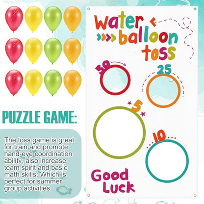 Mindsoft Water Toss Balloon Activity Set Include Toss Activity Banner, 50 Balloons, 2 Hose Nozzle Outdoor Shooter Target 4 Score Holes Water Ball Splashing Banner Swimming Pool Set for Summer Supplies