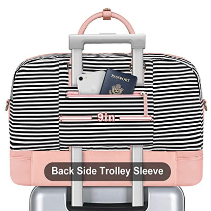 Weekender Bag for Women, Large Overnight Bag Canvas Travel Duffel Bag Carry On Tote with Shoe Compartment 21" 3Pcs Set - color: A07-pink+black & white stripes