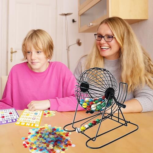 Yuanhe Deluxe Bingo Game Set - Metal Round Cage, 75 Colored Bingo Balls, 100 Bingo Cards, 500 Mixed Chips and Master Board for Large Groups, Parties - style: Deluxe Set