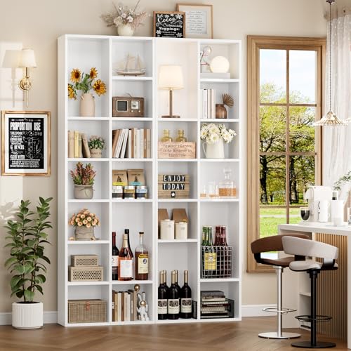 FOTOSOK 71'' Tall Bookshelf with 14 Cubes, 7 Tier Double Wide White Bookshelf with 6 Adjustable Shelves, 19.6" Narrow Bookcase DVD/CD Media Storage, Space Saving Display Shelf Cabinet, White - color: White