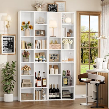 FOTOSOK 71'' Tall Bookshelf with 14 Cubes, 7 Tier Double Wide White Bookshelf with 6 Adjustable Shelves, 19.6" Narrow Bookcase DVD/CD Media Storage, Space Saving Display Shelf Cabinet, White - color: White