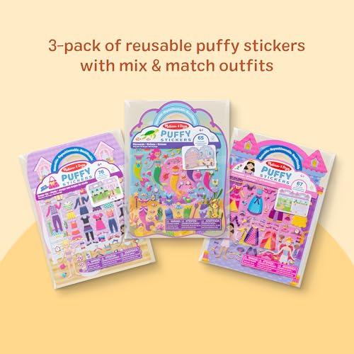 Melissa & Doug Puffy Sticker Activity Books Set of 3 – Dress-Up, Princess & Mermaid, with 208 Reusable Stickers and Fold-Out Scenes, Mess-Free Travel Toys for Kids Ages 4+ - FSC Certified - style: Dress-Up, Princess & Mermaid