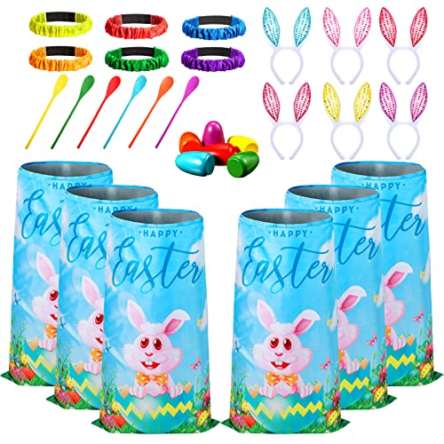 Civaner 30 Pcs Outdoor Games Set for Kids Includes 6 Bunny Potato Sack Race Bags 6 Egg and Spoon 6 Bunny Ears Headbands 6 Legged Relay Race Band for Game Party(Blue,Classic) - color: Blue, style: Classic