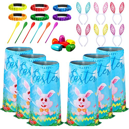 Civaner 30 Pcs Outdoor Games Set for Kids Includes 6 Bunny Potato Sack Race Bags 6 Egg and Spoon 6 Bunny Ears Headbands 6 Legged Relay Race Band for Game Party(Blue,Classic) - color: Blue, style: Classic