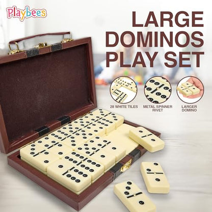Playbees Jumbo Double Six Dominoes Set - 28 White Classic Tiles in Faux Leather Case - Fun Educational Toy for Kids, Boys, Girls, Classroom Kit, Classic Game Night Party Favors Set, Travel-Friendly - size: Ivory, style: Classic