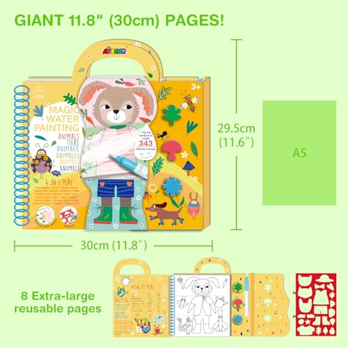 Avenir Reusable Water Coloring Book for Toddlers 3-5 Years, Road Trip & Airplane Mess-Free Portable Educational 4 in 1 Creative Set Water-Reveal Paint Activity Doodle Pad Kids Art Crafts - color: Animals