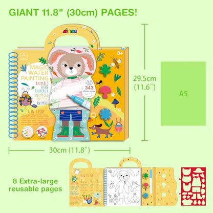 Avenir Reusable Water Coloring Book for Toddlers 3-5 Years, Road Trip & Airplane Mess-Free Portable Educational 4 in 1 Creative Set Water-Reveal Paint Activity Doodle Pad Kids Art Crafts - color: Animals