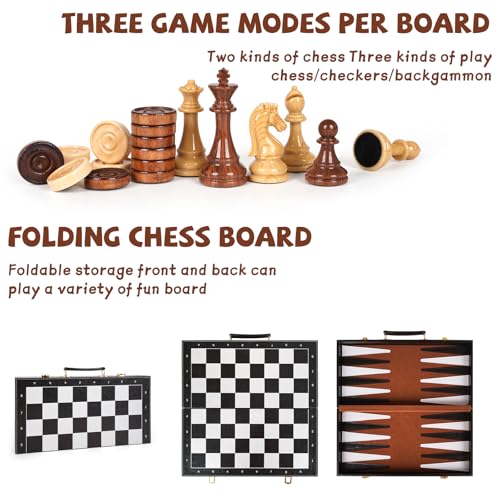 3 in 1 Magnetic Chess Set & Checkers Backgammon Board Game Set, 15" Wooden Folding Chess Board, Tournament Portable Travel Chess Set, Beginner Chess Board Game for Adults & Kids