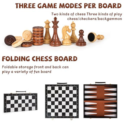 3 in 1 Magnetic Chess Set & Checkers Backgammon Board Game Set, 15" Wooden Folding Chess Board, Tournament Portable Travel Chess Set, Beginner Chess Board Game for Adults & Kids