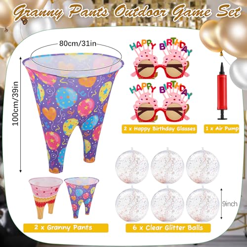 11 Pcs Birthday Granny Pants Set, 2 Giant Inflatable Pants with 1 Pump 6 Bouncy Balls & 2 Birthday Glasses, Outdoor Tossing Party Activity for Adults & Family Gatherings - style: Birthday Style