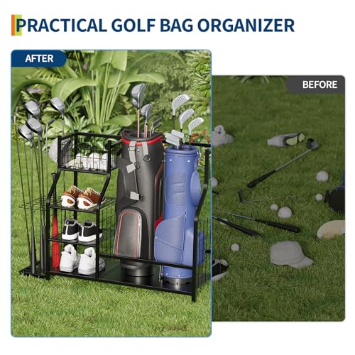 GarveeLife Golf Bag Organizer, Sports Equipment Organizer, Sports Organizer for Garage, Golf Bag Stand for Garage with Baskets, Hooks